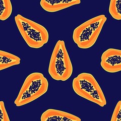 Wall Mural - Papaya fruit pattern. Seamless summer tropical background. Bright kitchen, home decor or healthy eating design. Cartoon flat design. Vector