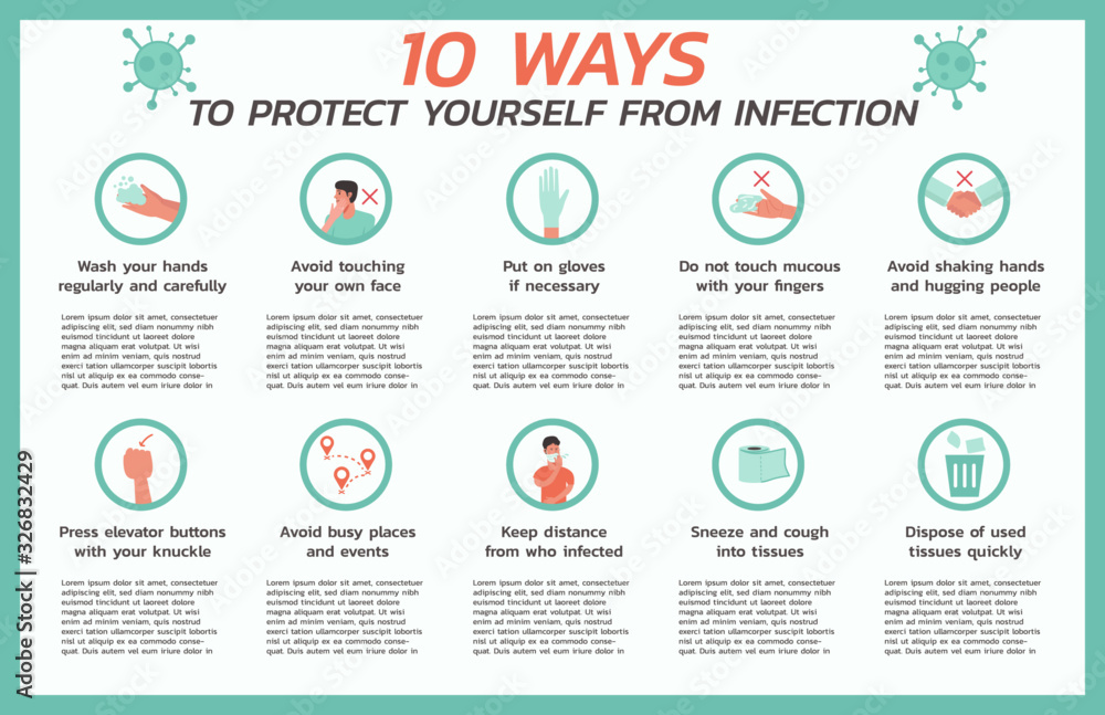 ten ways to protect yourself from infection infographic, healthcare and medical about flu and virus prevention, vector flat symbol icon, layout, template illustration in horizontal design - obrazy, fototapety, plakaty 