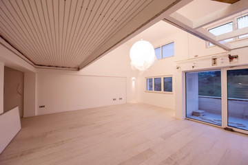 Interior of empty stylish modern open space two level apartment