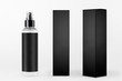 © finepoints - Mock up for design of packing cosmetics product - tall transparent spray bottle, black label and black paper boxes of different sides on white background.
