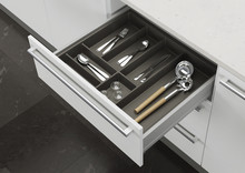Open Kitchen Drawer With Cooking Utensils. Storage And Organization Of The Kitchen. 3d Rendering.