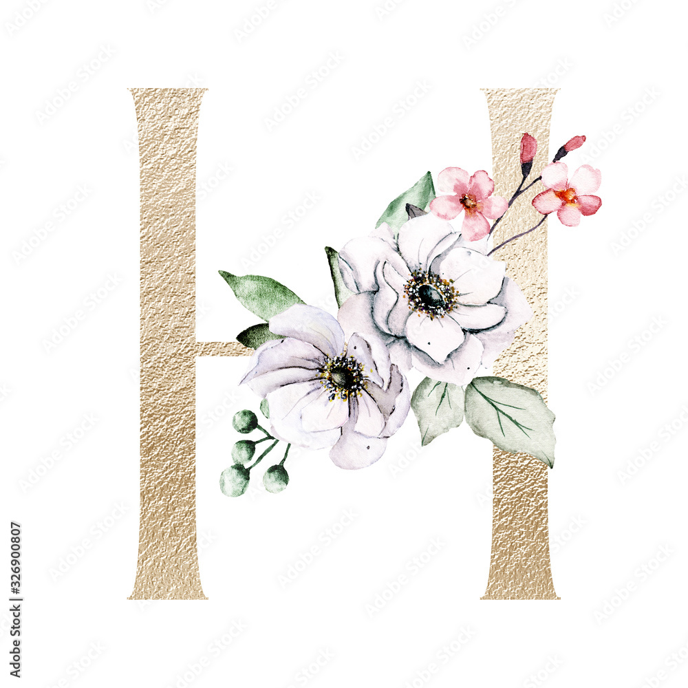 Gold letter h with watercolor flowers and leaves. Floral alphabet ...