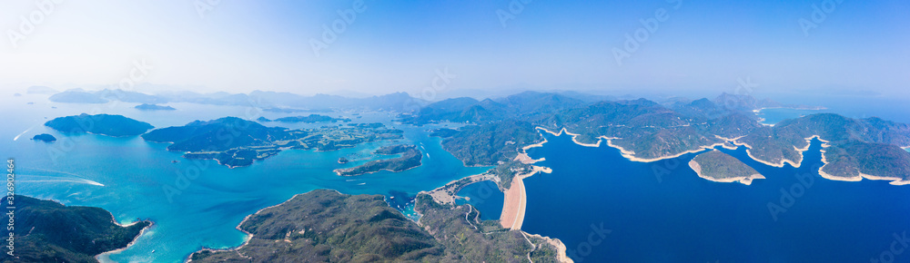 wide angle aerial view of high island reservoir, far south eastern part of Sai Kung Peninsula, Hong Kong - obrazy, fototapety, plakaty 