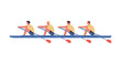 Four athletes swim on a boat, the concept of rowing competitions. Vector illustration, flat style.