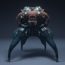 3d Illustration Of A Cyberpunk Horror Monster Spider Standing On Gray Background. Futuristic Post Apocalypse Red Skin Alien Mutant In Metal Armor. Concept Art Sci-fi Alien Character With A Scary Smile