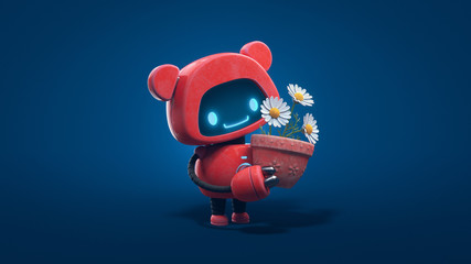 Little cute red robot with bear ears holds a clay pot with chamomile. Concept art friendly kawaii bot with glowing smiling face on the screen. Nature lover robot. 3d illustration on blue background.