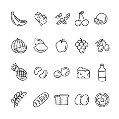 Fruits, dairy and bakery products doodle icons. Vector icon set with healthy food