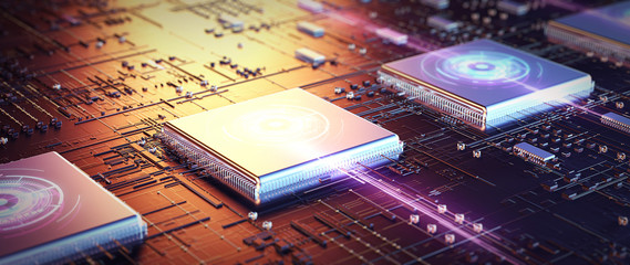 Printed circuit board futuristic server/Code processing in circuit board abstract server. Data moves in the form of moving lines. The movement and processing of data inside a server or computer.
