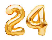 Number 24 Twenty Four Made Of Golden Inflatable Balloons Isolated On White. Helium Balloons, Gold Foil Numbers. Party Decoration, Anniversary Sign For Holidays, Celebration, Birthday, Carnival