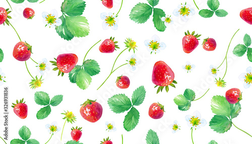 イチゴの水彩イラスト 葉と花と実をちりばめたシームレスパターン Stock イラスト Adobe Stock