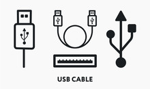 USB Cable Connector Port Cord Wire Symbol. Flat Vector Line Icon Set.