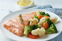 Steam Salmon And Vegetables, Paleo, Keto, Fodmap, Dash Diet. Mediterranean Food With Fish