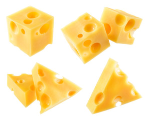 Poster - Cheese isolated. Cheese piece, cube, triangle on white background. Cheese collection. Clipping path.