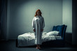 creepy female demon in nightgown standing in bedroom