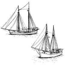 Vintage Ship, Sailboats Set. Hand Drawn Line Art Sketch. Black And White Doodle Vector Illustration, Design For Coloring Book Page