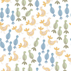 Wall Mural - Vector Blue Orange and Green Birds on White Background Seamless Repeat Pattern. Background for textile, book covers, manufacturing, wallpapers, print, gift wrap and scrapbooking.