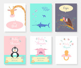 Fototapeta Pokój dzieciecy - Set of Baby shower posters with cute animals. Greeting card, vulture, fish, giraffe, penguin pig and nipple. Vector illustration