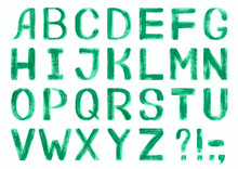 Latin Alphabet With Green Letters. Hand-painted Illustration. English Alphabet. Isolated On White Background. Emerald-green Textured Font. Eco, Spring, Summer Font. Gouache, Oil Or Acrylic Technique.