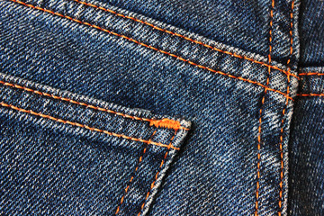 Wall Mural - Blue denim jeans detail of back pocket weaving and stitch pattern. Jeans fabric texture, casual denim apparel element, close up top view 