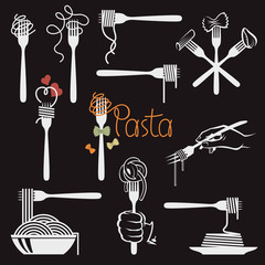 collection of fork and dish with various pasta isolated on black background