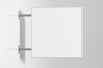 Wall Mural - Square singboard or signage isolated on the white wall with blank white sign mock up. Side view. 3d illustration