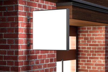 Square singboard or signage on the red brick wall with blank white sign mock up. Night scene. Side view. 3d illustration