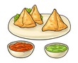 Samosa on board with sauces in bowl. Vector flat illustration