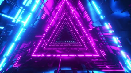 Wall Mural - Beautiful abstract triangle tunnel with blue light lines moving fast. Background futuristic corridor with neon lights. Seamless loop 3d render