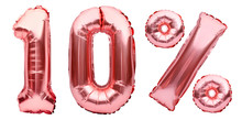 Rose Golden Ten Percent Sign Made Of Inflatable Balloons Isolated On White. Helium Balloons, Pink Foil Numbers. Sale Decoration, Black Friday, Discount Concept. 10 Percent Off, Advertisement Message.