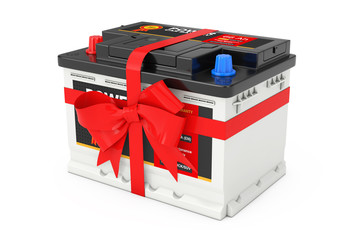 Aufkleber - Rechargeable Car Battery 12V Accumulator with Abstract Label and Red Gift Bow and Ribbon. 3d Rendering