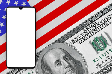 Poster - Mobile Phone with Blank Screen for Your Design over USA Flag with One Hundred Dollar Bill. 3d Rendering