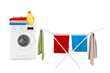 Poster - Clothes over White Folding Metal Clothes Drying Rack near White Modern Washing Machine with Detergent Bottle and Pile of Clothes. 3d Rendering