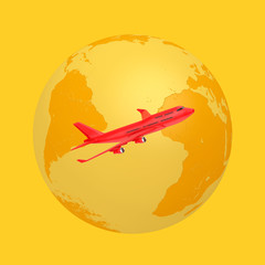 Poster - Yellow Earth Globe with Red  Jet Passenger's Airplane in Duotone Style. 3d Rendering