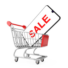 Poster - Mobile Phone with Sale Sign in Shopping Cart Trolley. 3d Rendering