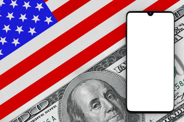 Poster - Mobile Phone with Blank Screen for Your Design over USA Flag with One Hundred Dollar Bill. 3d Rendering