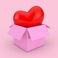 Poster - Open Empty Pink Cardboard Paper Box with Red Heart. 3d Rendering