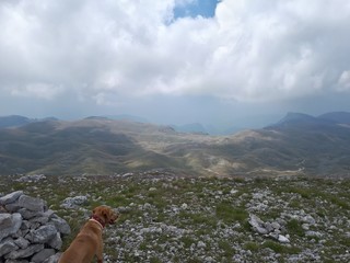 Mountain landscape with meadows, rocks and clouds