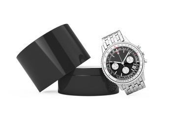 Poster - Luxury Classic Analog Men's Wrist Silver Watch with Gift Box. 3d Rendering