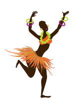 A Beautiful African Black Girl Dressed In A Traditional Colorful African Outfit Is Dancing A Ritual National Dance. A Cartoon-style Character Isolated On A White Background. Vector Illustration