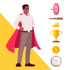 Wall Mural - Self efficacy semi flat RGB color vector illustration. Confident office worker in super hero cape isolated cartoon character on white background with icons set. Workplace efficiency concept