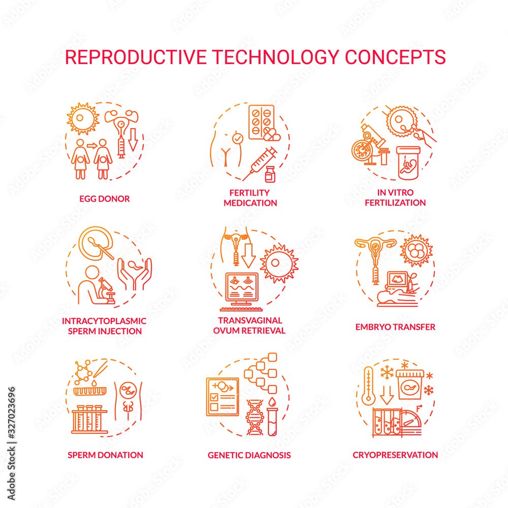 Reproductive Science Vector เวกเตอร์ Stock Reproductive technology red concept icons set. In vitro ...