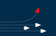 Think differently concept. Red airplane changing direction. New idea, change, trend, courage, creative solution, innovation, business for innovative and unique way concept.