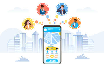 Ordering a Taxi online using a hailing app depicted on a mobile phone screen with icons for four businesspeople in a city using the app, colored vector illustration