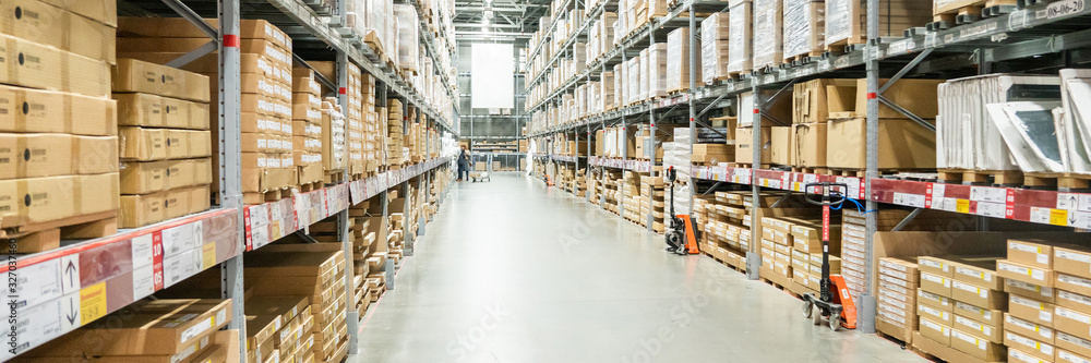Panorama of Rows of shelves with boxes in modern warehouse - obrazy, fototapety, plakaty 