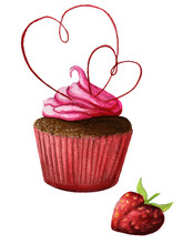 Watercolor Red And Pink Chocolate Cupcake With Cream And Two Hearts Isolated On The White Background