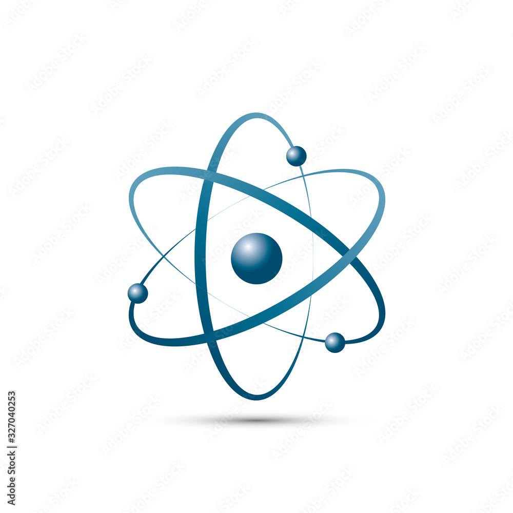 Atom icon in flat design. Blue molecule symbol or atom symbol isolated. Vector illustration - obrazy, fototapety, plakaty 
