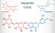 Hesperidin, rutinose, hesperetin molecule. Flavonoid, favanone glycoside, drugs for treatment of venous disease. Structural chemical formula and molecule model