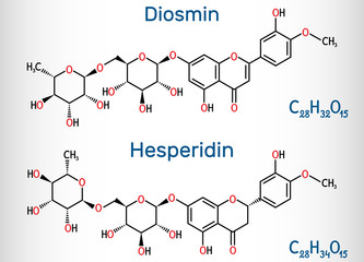 Poster - Hesperidin, diosmin, flavonoid molecule. Flavanone glycoside, drugs for treatment of venous disease. Structural chemical formula