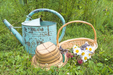 Summer Gardening Composition. Wicker Basket With Summer Wildflowers, Straw Hat, Old Watering Can And Vintage Secateur On Green Grass