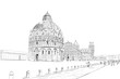 Baptistery in Pisa. Pisa Cathedral.  Leaning tower of pisa. Pisa. Italy. Hand drawn sketch. Vector illustration.